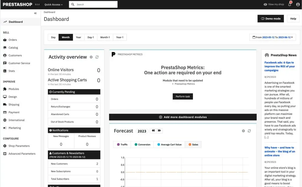 Tableau de bord PrestaShop 9.0